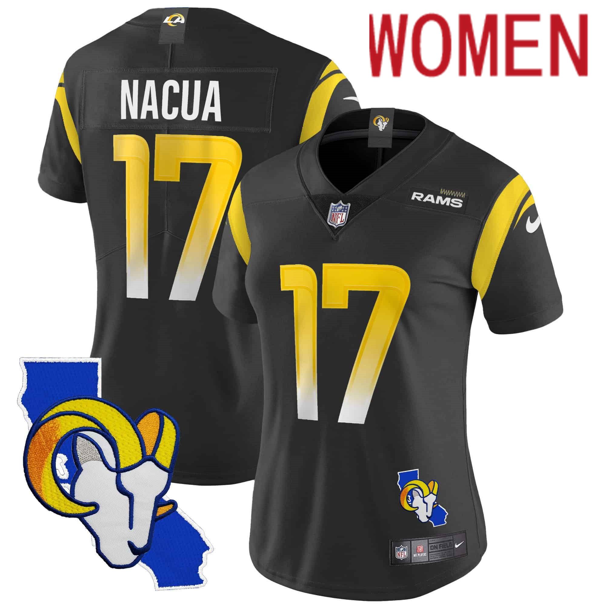 Women Los Angeles Rams #17 Nacua Black 2024 Nike California Patch Vapor Limited NFL Jersey style 1->women nfl jersey->Women Jersey